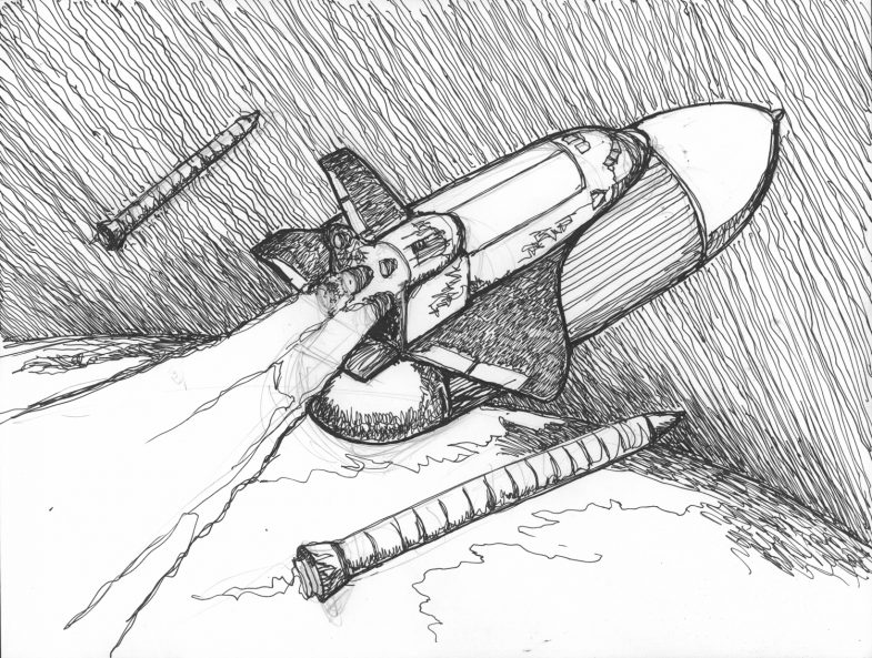 Space shuttle pen and ink, drawing, illustration, artwork